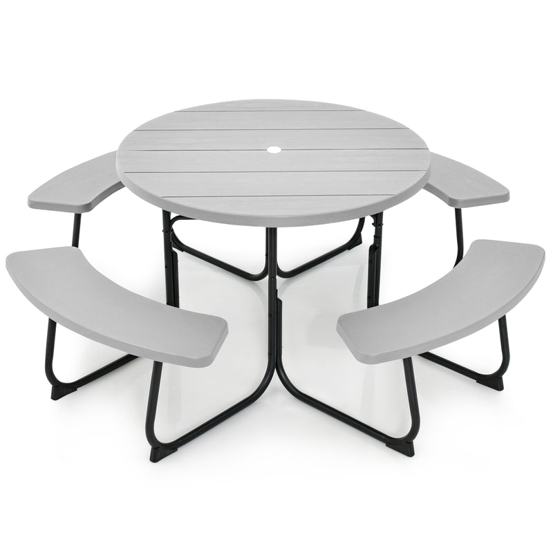 8-Person Outdoor Picnic Table and Bench Set with Umbrella Hole-Gray