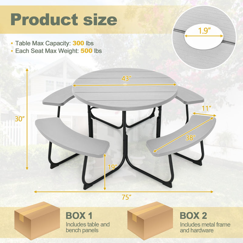 8-Person Outdoor Picnic Table and Bench Set with Umbrella Hole-Gray