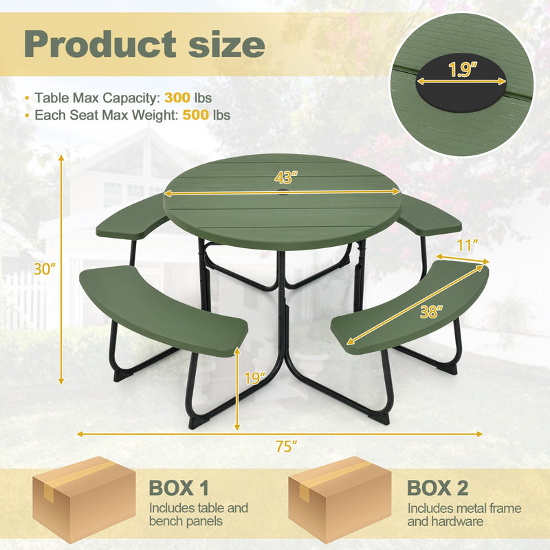 8-Person Outdoor Picnic Table and Bench Set with Umbrella Hole-Green