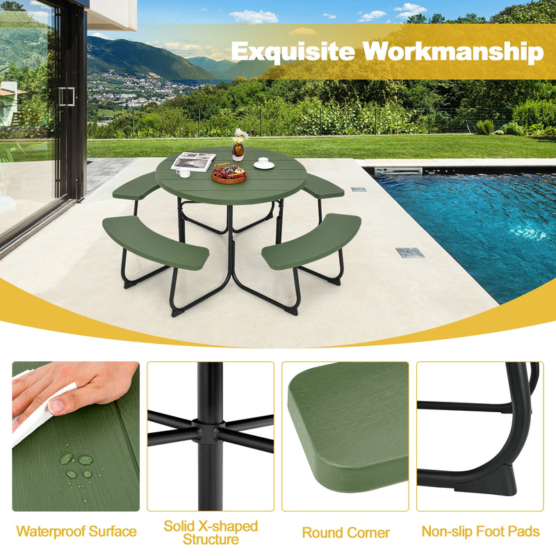 8-Person Outdoor Picnic Table and Bench Set with Umbrella Hole-Green