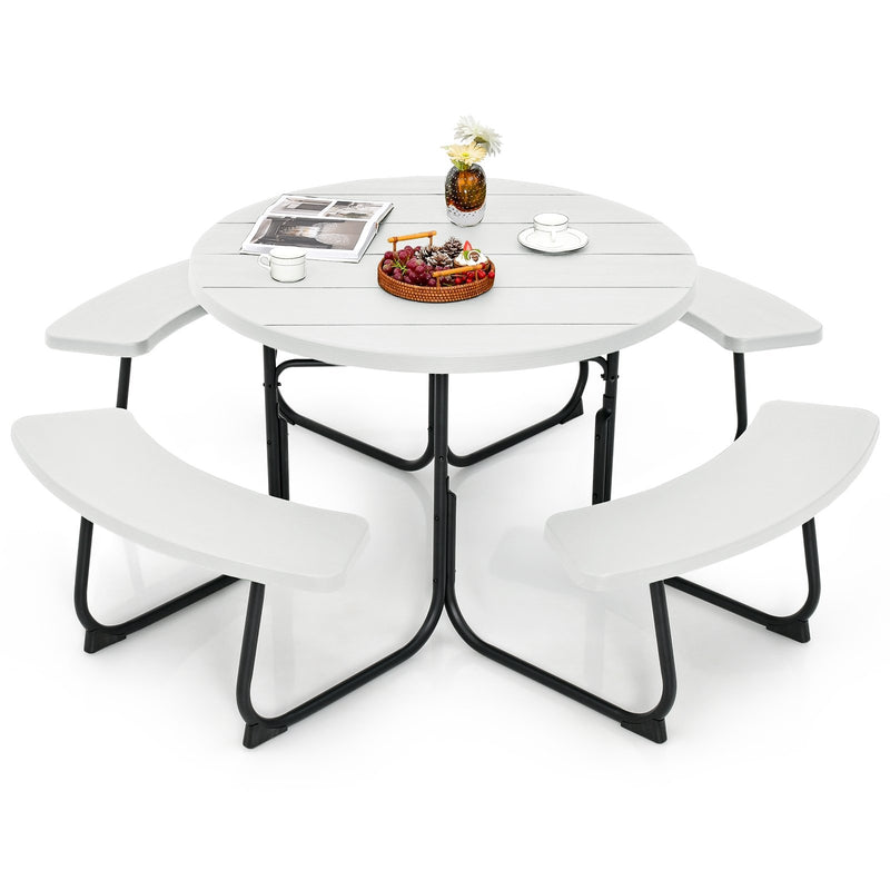 8-Person Outdoor Picnic Table and Bench Set with Umbrella Hole-White