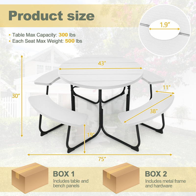 8-Person Outdoor Picnic Table and Bench Set with Umbrella Hole-White