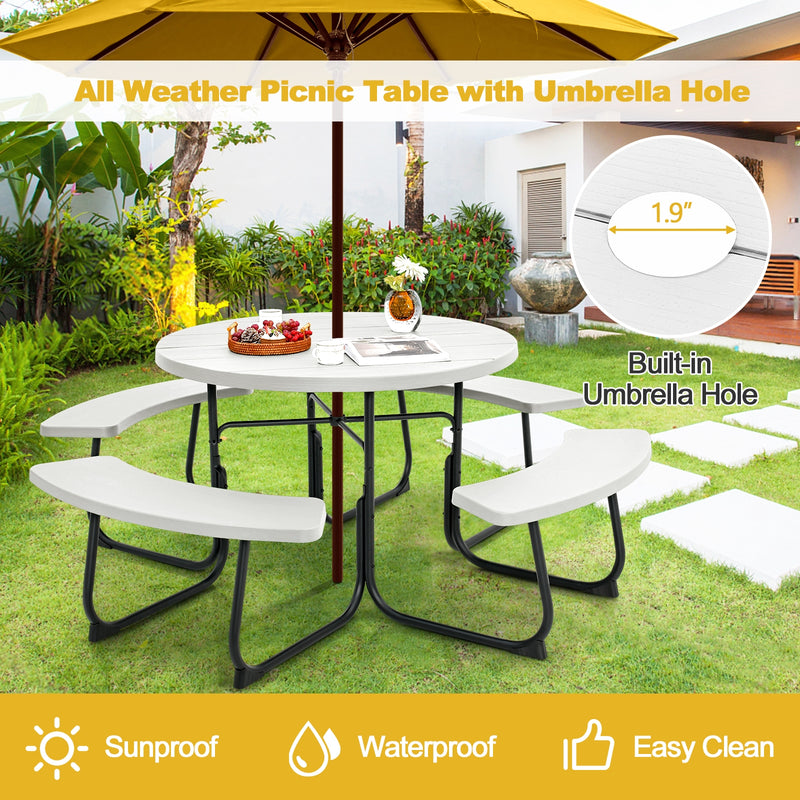 8-Person Outdoor Picnic Table and Bench Set with Umbrella Hole-White