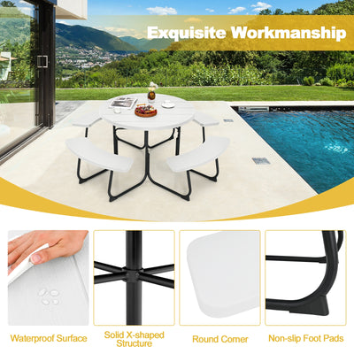 8-Person Outdoor Picnic Table and Bench Set with Umbrella Hole-White