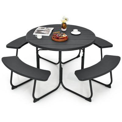 8-Person Outdoor Picnic Table and Bench Set with Umbrella Hole-Black