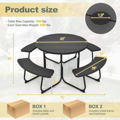 8-Person Outdoor Picnic Table and Bench Set with Umbrella Hole-Black