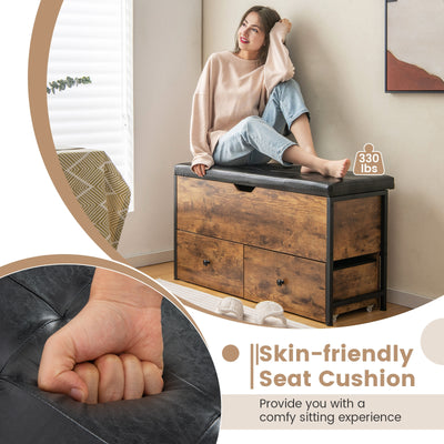 Storage Ottoman Bench with Padded Seat Cushion and 2 Drawers for Entryway-Brown