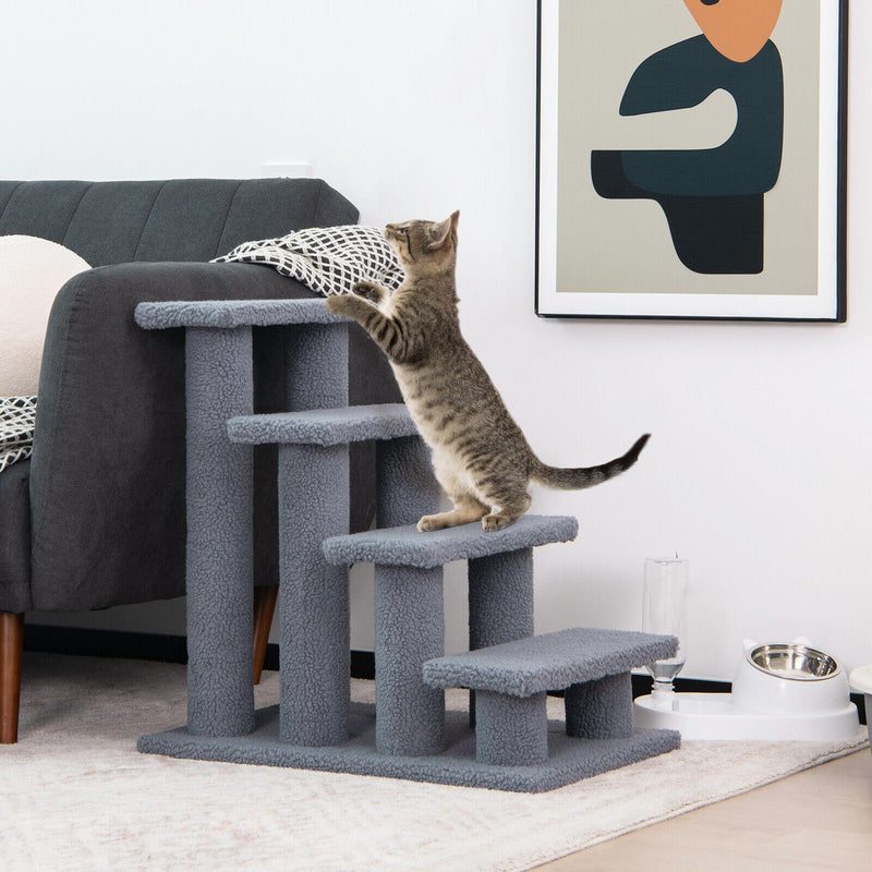 24 Inch 4-Step Pet Stairs Carpeted Ladder Ramp Scratching Post Cat Tree Climber-Gray