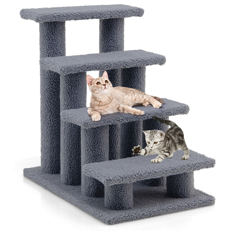 24 Inch 4-Step Pet Stairs Carpeted Ladder Ramp Scratching Post Cat Tree Climber-Gray