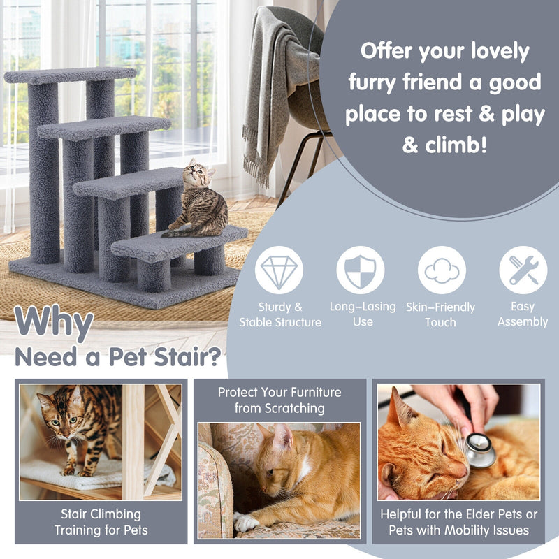 24 Inch 4-Step Pet Stairs Carpeted Ladder Ramp Scratching Post Cat Tree Climber-Gray