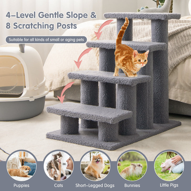 24 Inch 4-Step Pet Stairs Carpeted Ladder Ramp Scratching Post Cat Tree Climber-Gray