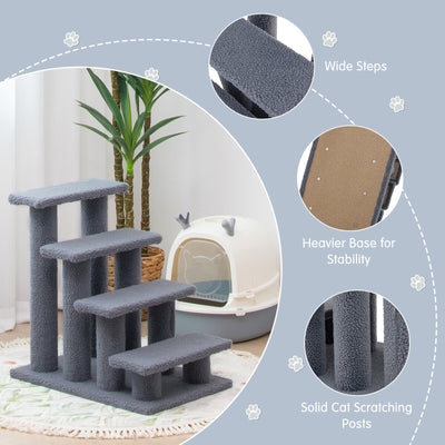 24 Inch 4-Step Pet Stairs Carpeted Ladder Ramp Scratching Post Cat Tree Climber-Gray