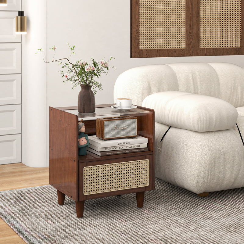 2 Pieces Bamboo Rattan Nightstand with Drawer and Solid Wood Legs-Brown