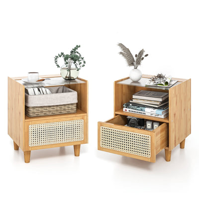 2 Pieces Bamboo Rattan Nightstand with Drawer and Solid Wood Legs-Natural