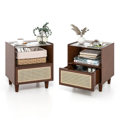 2 Pieces Bamboo Rattan Nightstand with Drawer and Solid Wood Legs-Brown