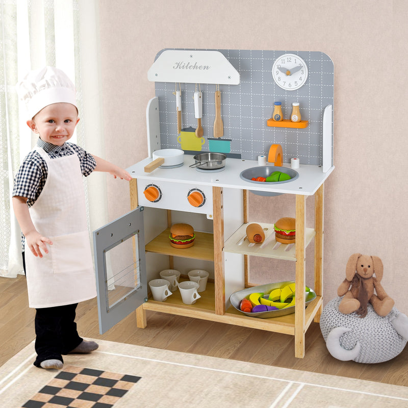 Wooden Toddler Pretend Kitchen Set with Cookware Accessories for Boys and Girls-Grey