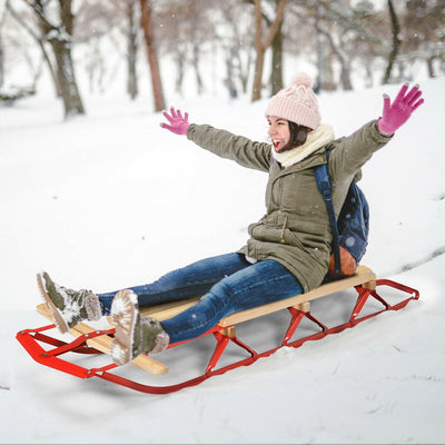 54 Inch Kids Wooden Snow Sled with Metal Runners and Steering Bar