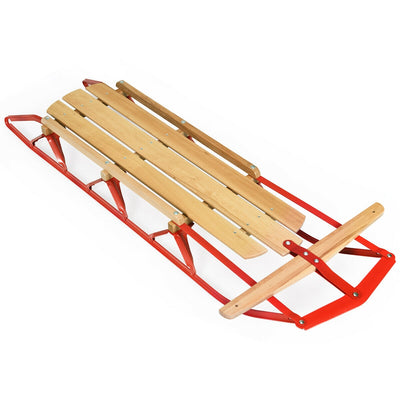 54 Inch Kids Wooden Snow Sled with Metal Runners and Steering Bar