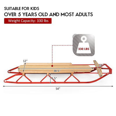 54 Inch Kids Wooden Snow Sled with Metal Runners and Steering Bar