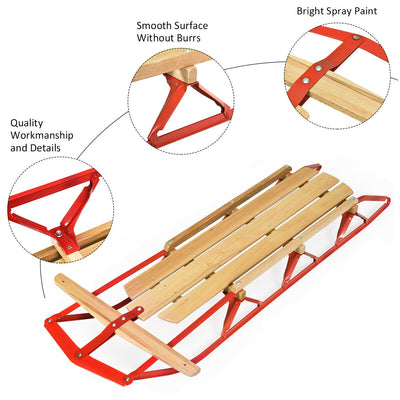 54 Inch Kids Wooden Snow Sled with Metal Runners and Steering Bar