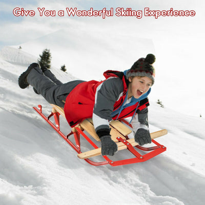 54 Inch Kids Wooden Snow Sled with Metal Runners and Steering Bar