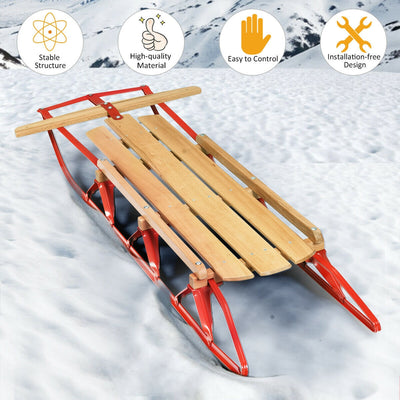 54 Inch Kids Wooden Snow Sled with Metal Runners and Steering Bar