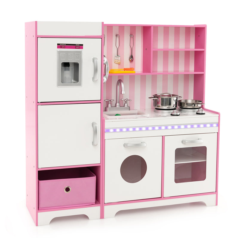 Kids Kitchen Playset Wooden Toy with Adjustable LED Lights and Washing Machine-Pink