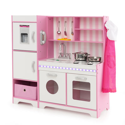 Kids Kitchen Playset Wooden Toy with Adjustable LED Lights and Washing Machine-Pink