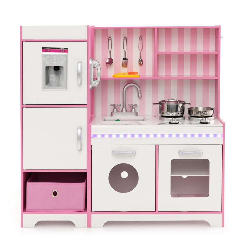 Kids Kitchen Playset Wooden Toy with Adjustable LED Lights and Washing Machine-Pink