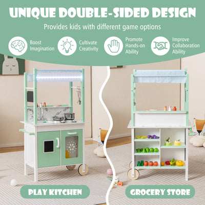 Double-sided Pretend Play Kitchen with Remote Control and LED Light Bars-Green