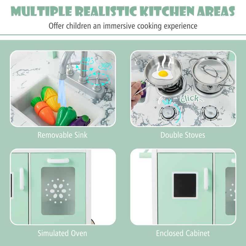 Double-sided Pretend Play Kitchen with Remote Control and LED Light Bars-Green