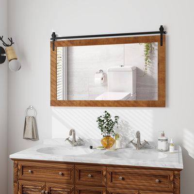 40 Inch x 26 Inch Rectangle Barn Door Style Wall Mounted Mirror with Solid Wood Frame and Metal Bracket-Brown