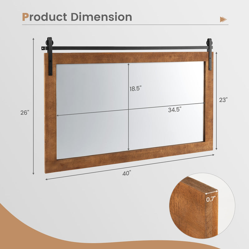 40 Inch x 26 Inch Rectangle Barn Door Style Wall Mounted Mirror with Solid Wood Frame and Metal Bracket-Brown