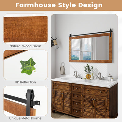 40 Inch x 26 Inch Rectangle Barn Door Style Wall Mounted Mirror with Solid Wood Frame and Metal Bracket-Brown