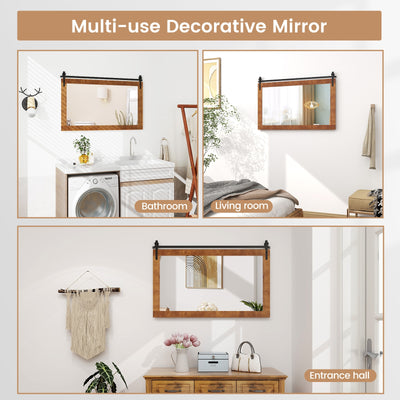 40 Inch x 26 Inch Rectangle Barn Door Style Wall Mounted Mirror with Solid Wood Frame and Metal Bracket-Brown