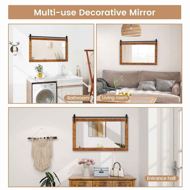 40 Inch x 26 Inch Rectangle Barn Door Style Wall Mounted Mirror with Solid Wood Frame and Metal Bracket-Brown