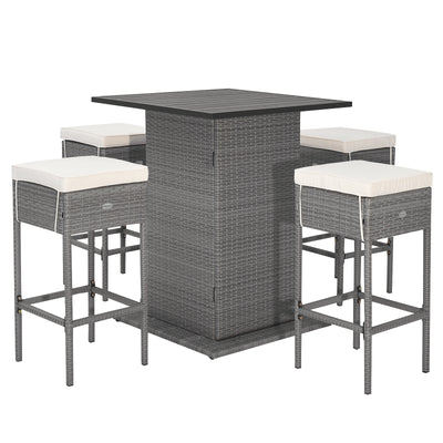 5 Pieces Outdoor Wicker Bar Table Set with Hidden Storage Shelves-White