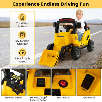 12V Kids Ride On Construction Tractor with Electric Adjustable Bucket-Yellow