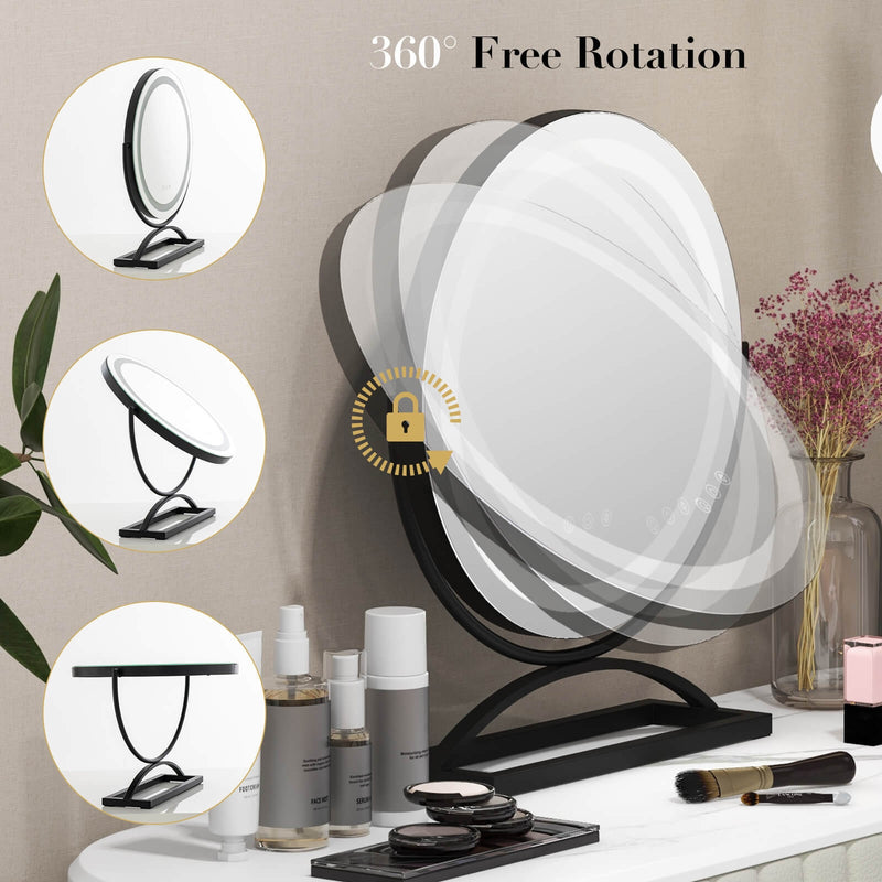 16 Inch Round Makeup Vanity Mirror with 3 Color Dimmable LED Lighting-Black