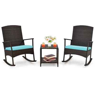 3 Piece Patio Rocking Set Wicker Rocking Chairs with 2-Tier Coffee Table-Turquoise