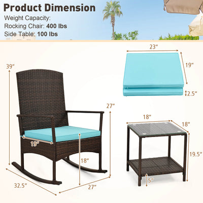 3 Piece Patio Rocking Set Wicker Rocking Chairs with 2-Tier Coffee Table-Turquoise