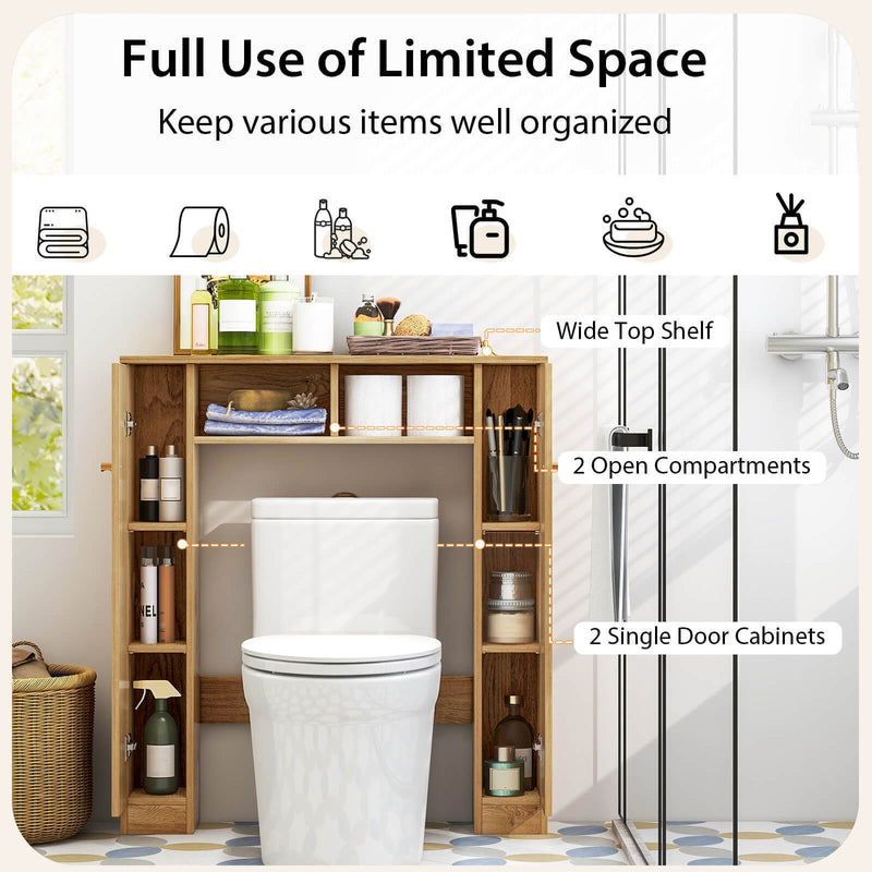 Over The Toilet Storage Cabinet with 2 Open Compartments and 4 Adjustable Shelves-Natural