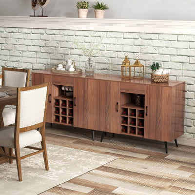 Mid-century Modern Buffet Sideboard Server Cabinet with 9-Bottle Wine Rack-Walnut