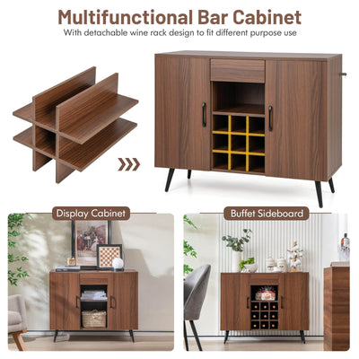 Mid-century Modern Buffet Sideboard Server Cabinet with 9-Bottle Wine Rack-Walnut