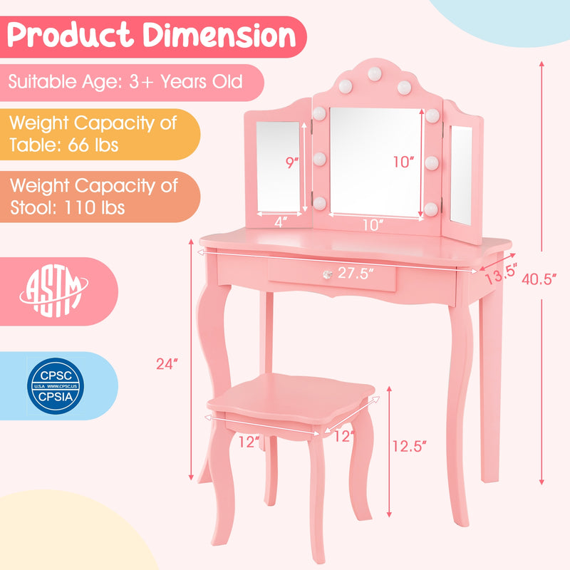 Kid Vanity Table Stool Set with Tri-Folding Mirror and 3-Color LED Lights-Pink