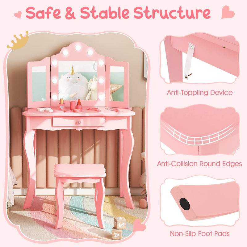 Kid Vanity Table Stool Set with Tri-Folding Mirror and 3-Color LED Lights-Pink