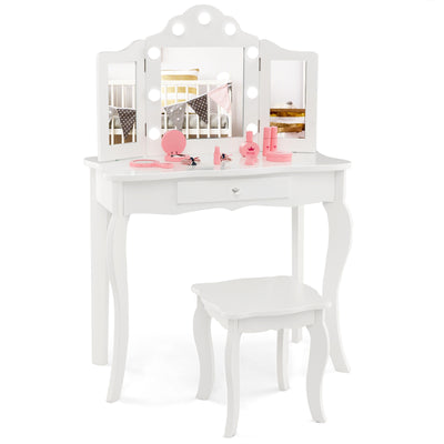 Kid Vanity Table Stool Set with Tri-Folding Mirror and 3-Color LED Lights-White