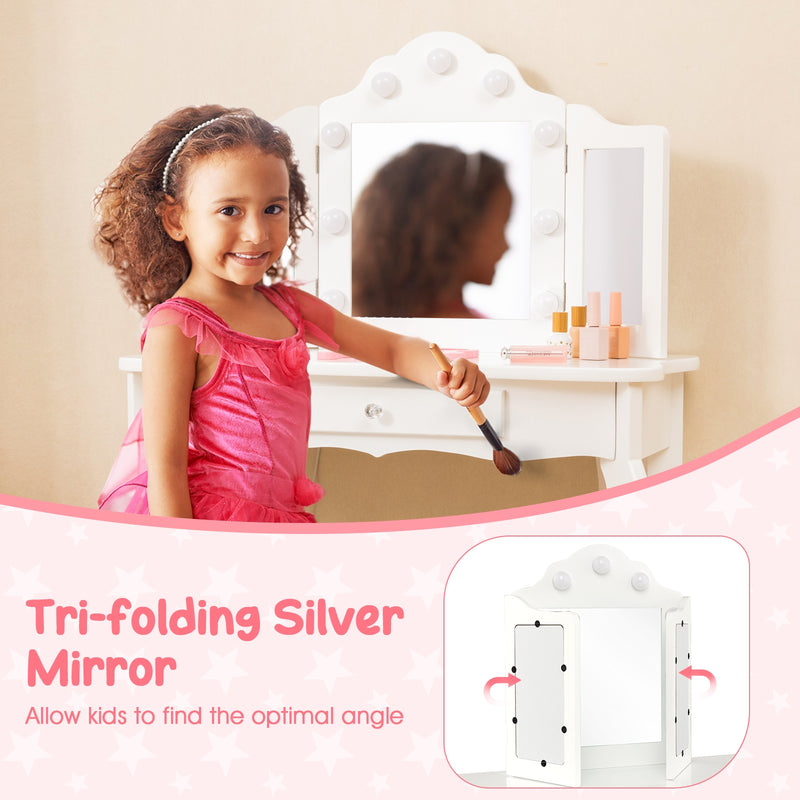 Kid Vanity Table Stool Set with Tri-Folding Mirror and 3-Color LED Lights-White