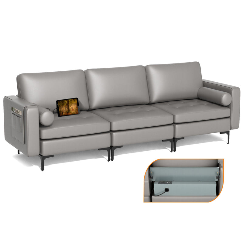 Modular 3-Seat Sofa Couch with Socket USB Ports and Side Storage Pocket-Light Gray