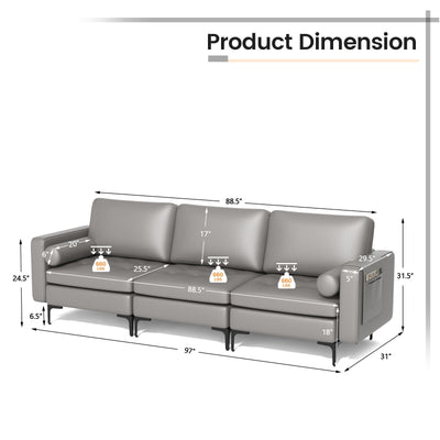 Modular 3-Seat Sofa Couch with Socket USB Ports and Side Storage Pocket-Light Gray